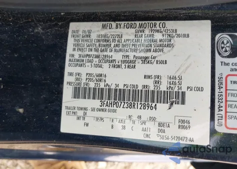 2008 Ford Fusion Se из США, поврежденный, VIN 3FAHP07Z38R128964